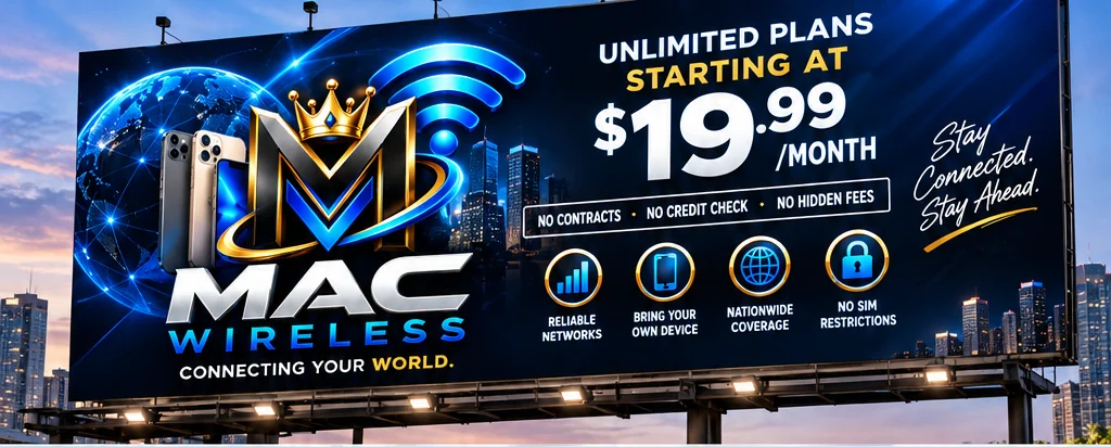 Mac Wireless billboard over a city skyline — plans starting at $15.00 a month, no contracts, no credit check, no hidden fees. Reliable networks, bring your own device, nationwide coverage, no SIM restrictions.