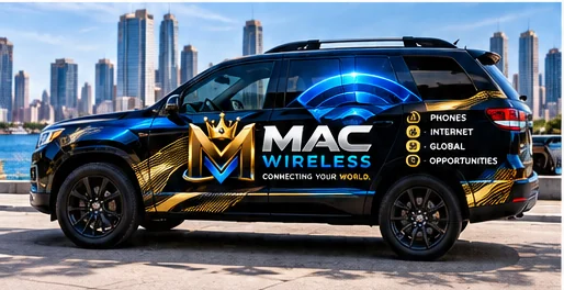 Mac Wireless wrapped SUV in front of a city skyline — phones, internet, global opportunities.