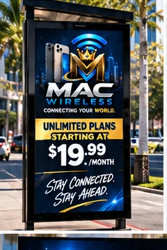 Mac Wireless street display — plans starting at $15.00 a month. Stay connected. Stay ahead.