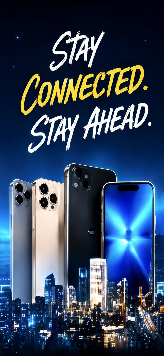 Stay Connected. Stay Ahead. — four phones rising over a night skyline