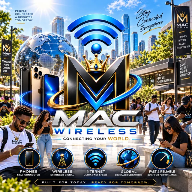 Mac Wireless — Stay connected everywhere. Customers on their phones in a city plaza.