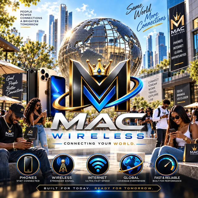 Mac Wireless — Same world, more connections. People on their phones in a sunny city plaza under the Mac crown mark.