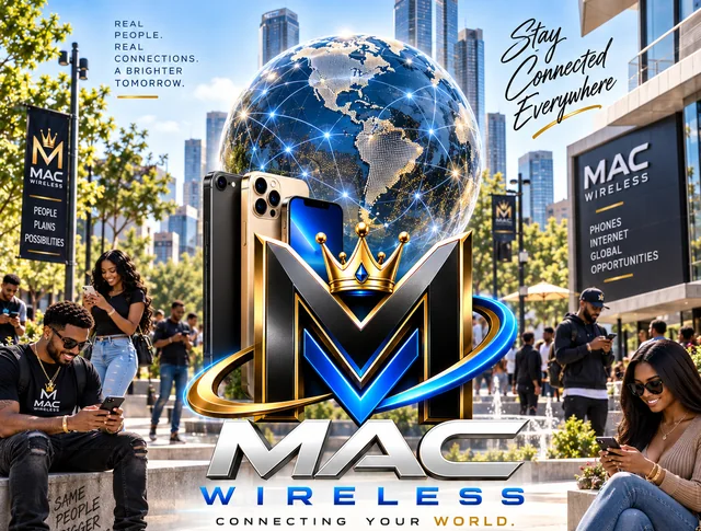 Mac Wireless — Stay connected everywhere. People on their phones in a sunny city plaza under the Mac crown mark.