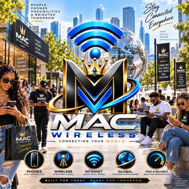 Mac Wireless — Connected lifestyle. Customers on their phones in a sunny city plaza.