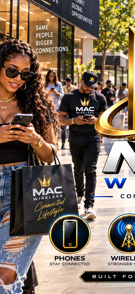 A woman on her phone with the Mac Wireless mark
