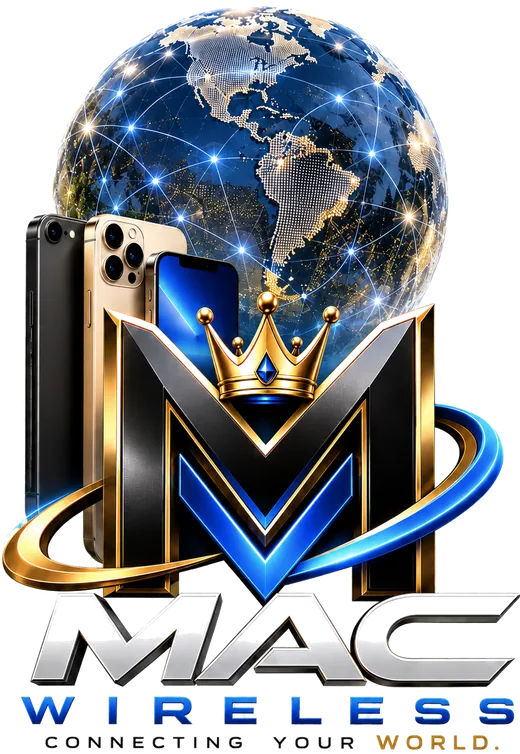 Mac Wireless — the crowned M with three phones and a connected globe. Connecting your world.